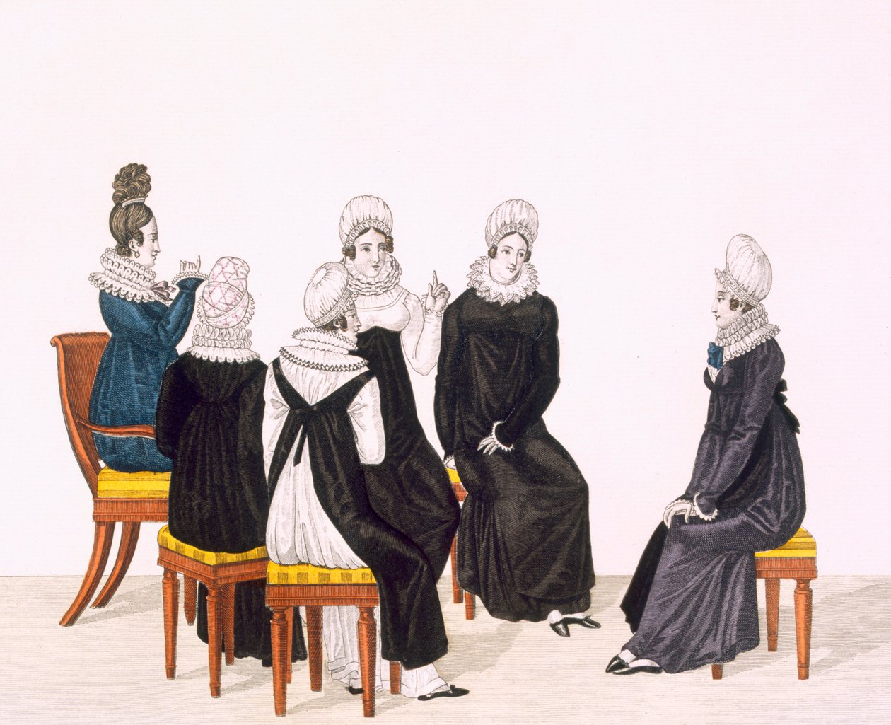 Nuoret naiset juttelevat, c. 1820 (värikaiverrus) tekijältä French School