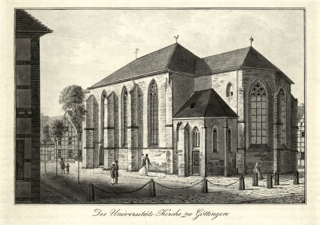Ansicht der Niolaikirche und des Nikolaikirchhofs in Göttingen von Südosten, genutzt seit 1822 als Universitätskirche. tekijältä Friedrich Besemann