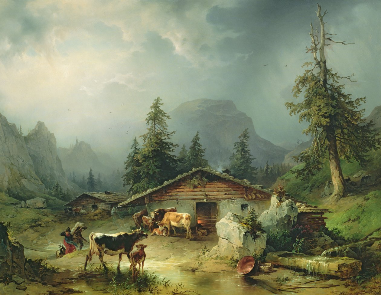 Alppimaja sateisella säällä, 1850 tekijältä Friedrich Gauermann