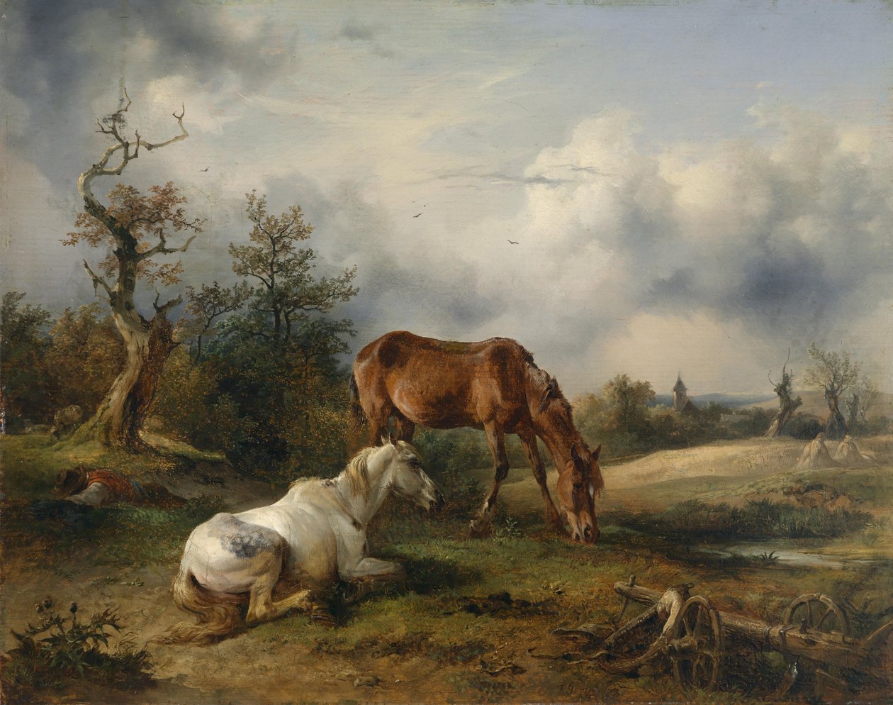 Zwei Pferde (ein Schimmel ja ein Fuchs) auf der Weide tekijältä Friedrich Gauermann