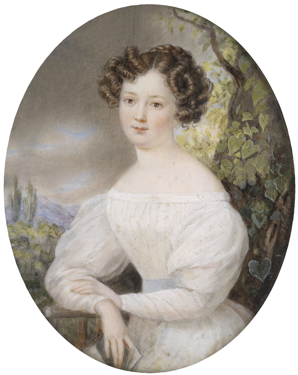 Bildnis einer jungen Frau in weißem Kleid, in einer Landschaft sitzend tekijältä Friedrich Wailand