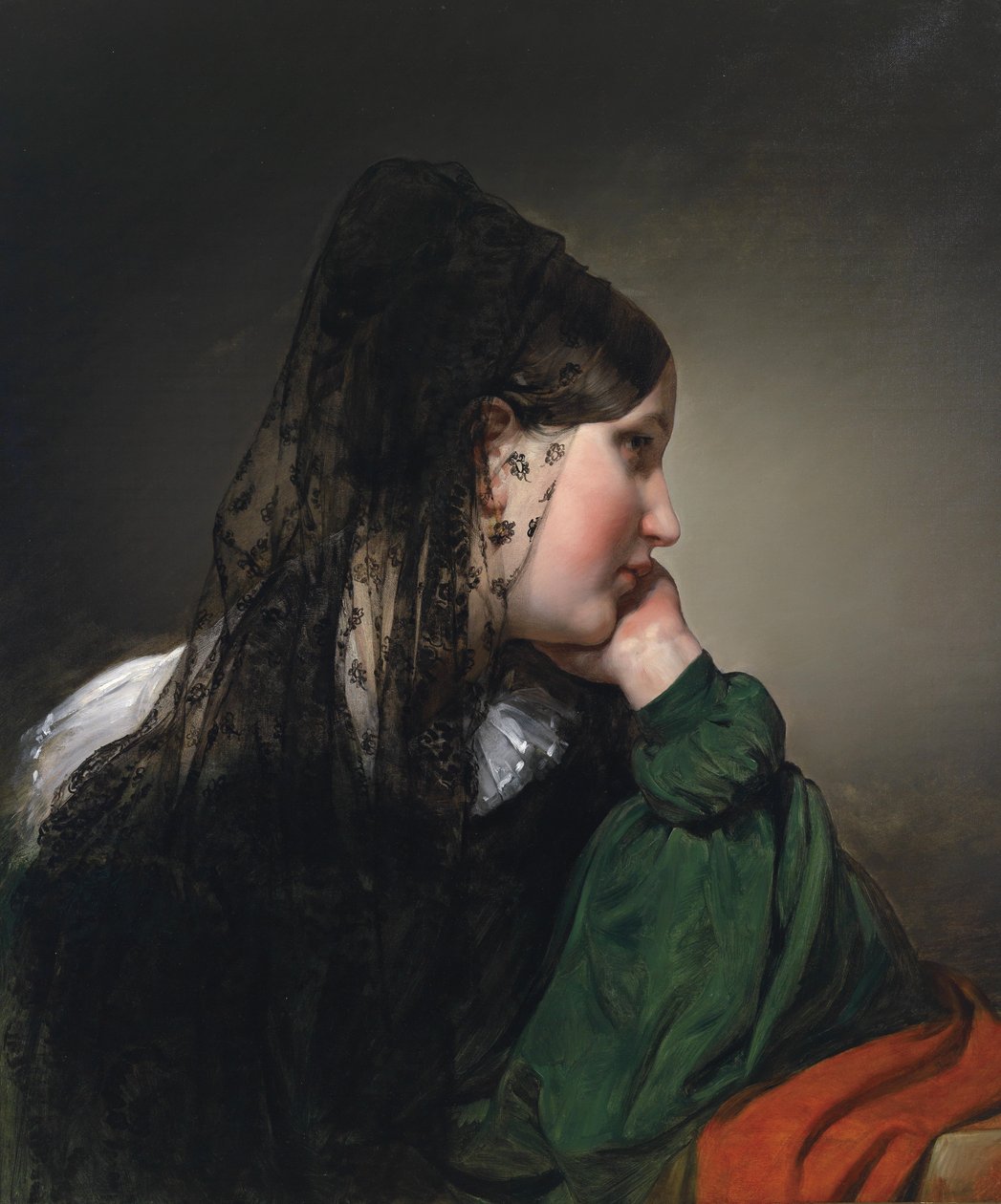 Mädchen im Profil mit schwarzer Mantille. tekijältä Friedrich von Amerling