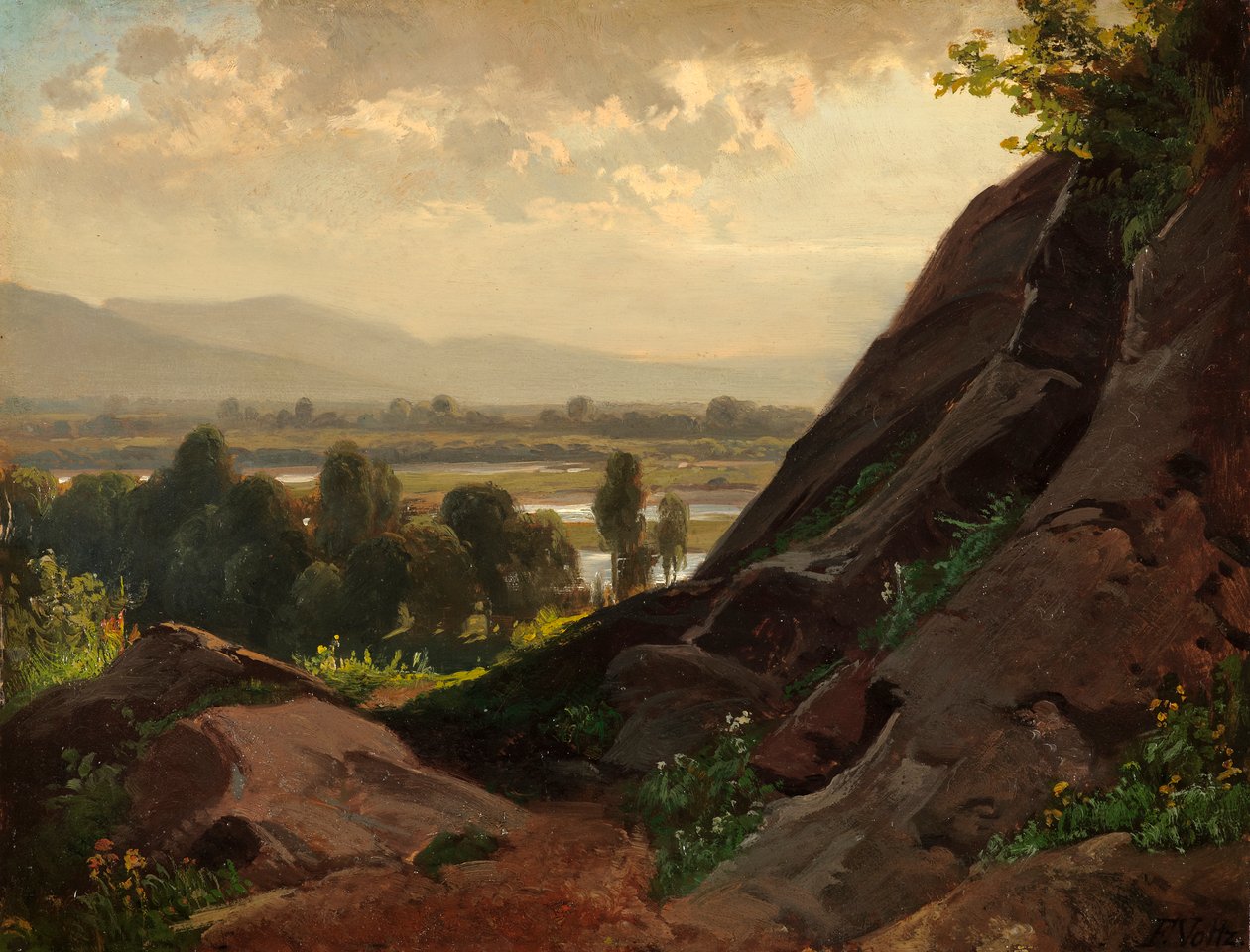 Vuoristomaisema, jossa kivinen paljastus etualalla tekijältä Friedrich Voltz