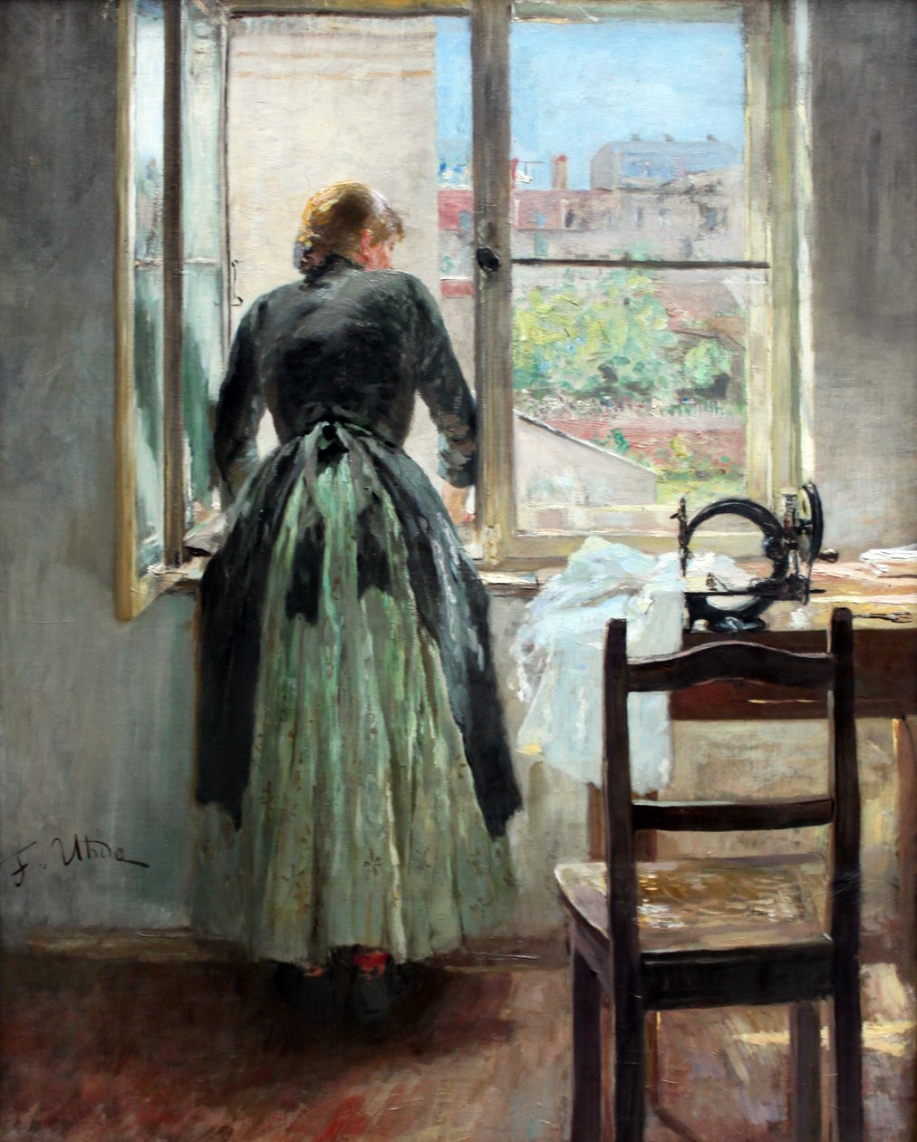 Am Fenster (Aus einem Fenster blickende Näherin) tekijältä Fritz von Uhde