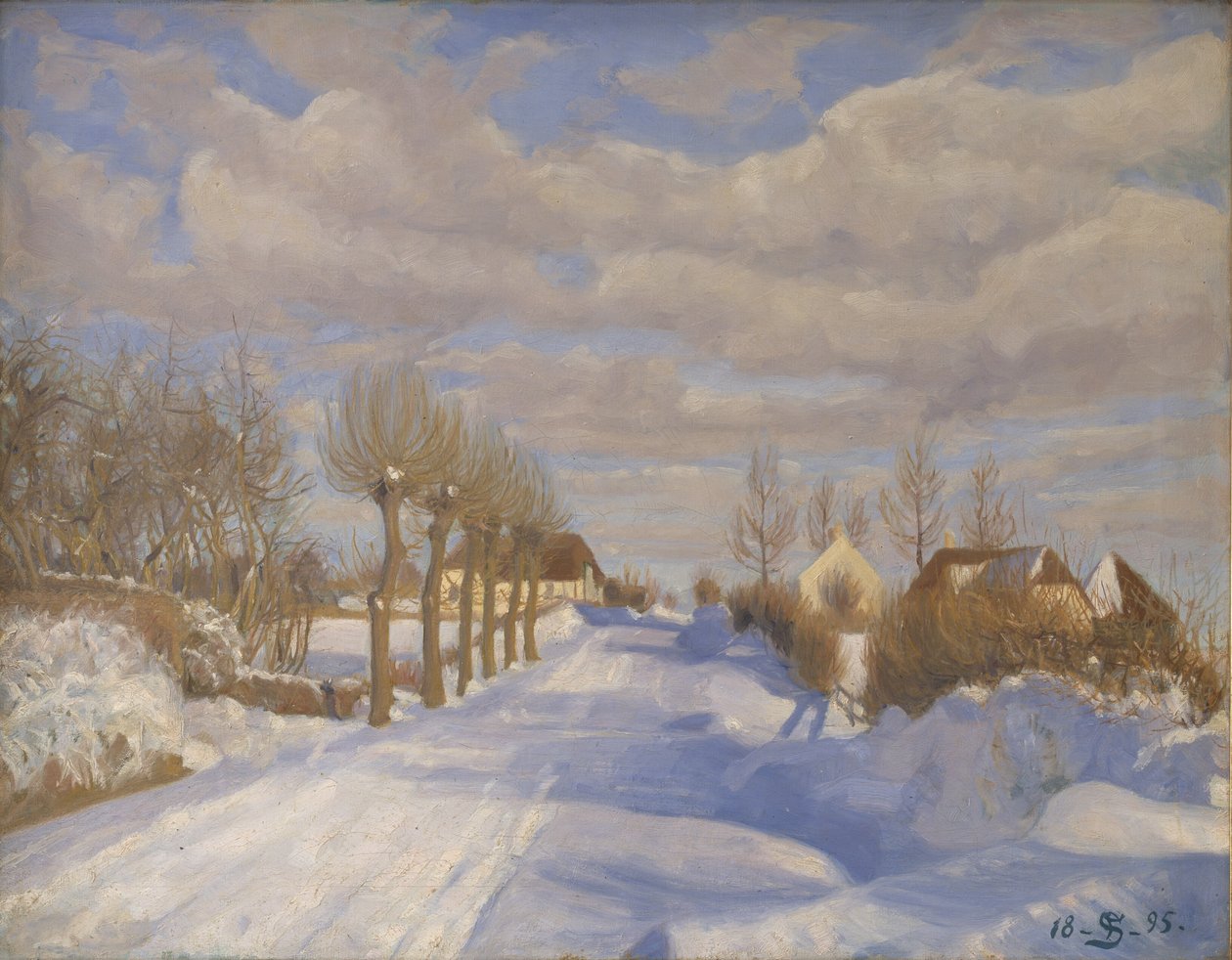 Lumen peittämä maantie auringonpaisteessa tekijältä Fritz Syberg