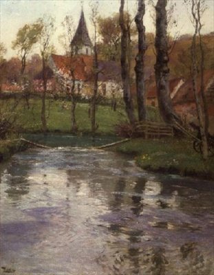 Vanha kirkko joen rannalla tekijältä Fritz Thaulow