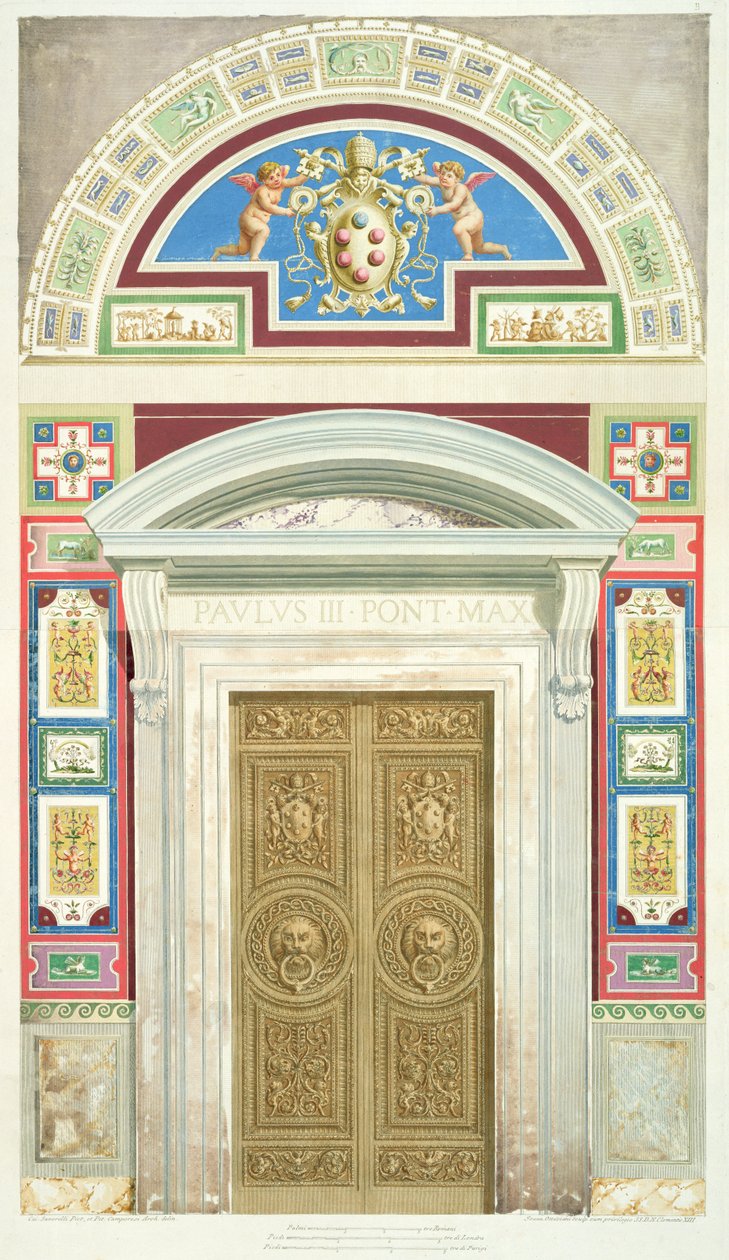 Ovi Raphael Loggiaan Vatikaanissa, "Delle Loggie di Rafaele nel Vaticanosta", kaivertanut Giovanni Ottaviani (n. 1735-1808), julkaistu n. 1772-77 (käsinvärinen kaiverrus) tekijältä G. and Camporesi, P. Savorelli