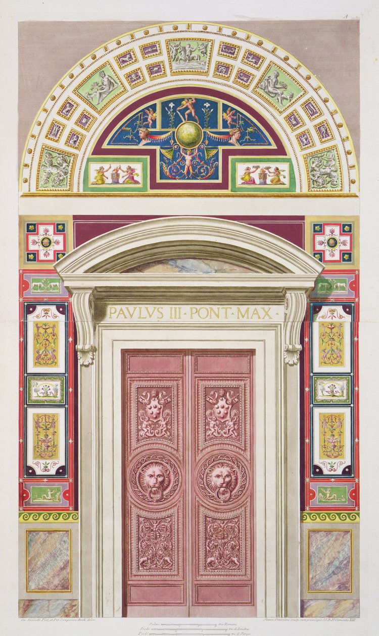 Ovi Rafael Loggiaan Vatikaanissa, "Delle Loggie di Rafaele nel Vaticanosta", kaiverrettu Giovanni Ottaviani (n. 1735-1808), julkaistu n. 1772-77 (käsinvärinen kaiverrus) tekijältä G. and Camporesi, P. Savorelli
