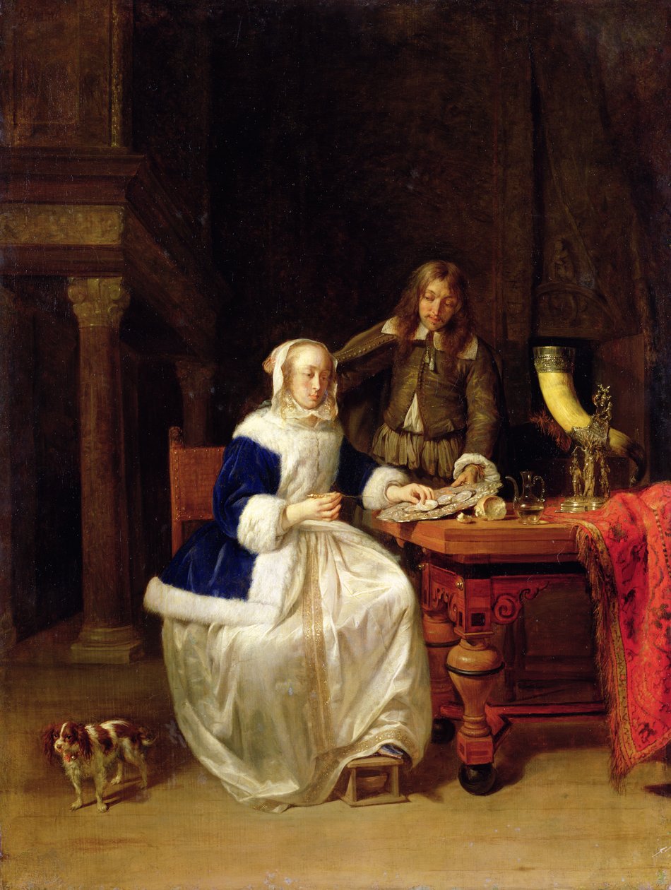 Aamiainen, n. 1600 (öljy puulle) tekijältä Gabriel Metsu