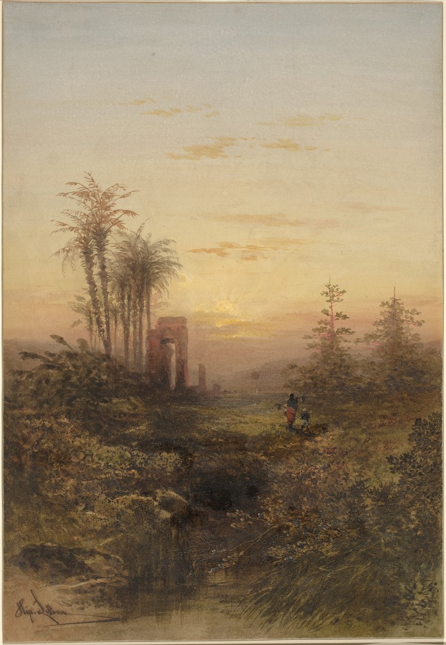 Auringonlasku itämaisessa maisemassa tekijältä Gabriel Hippolyte Lebas