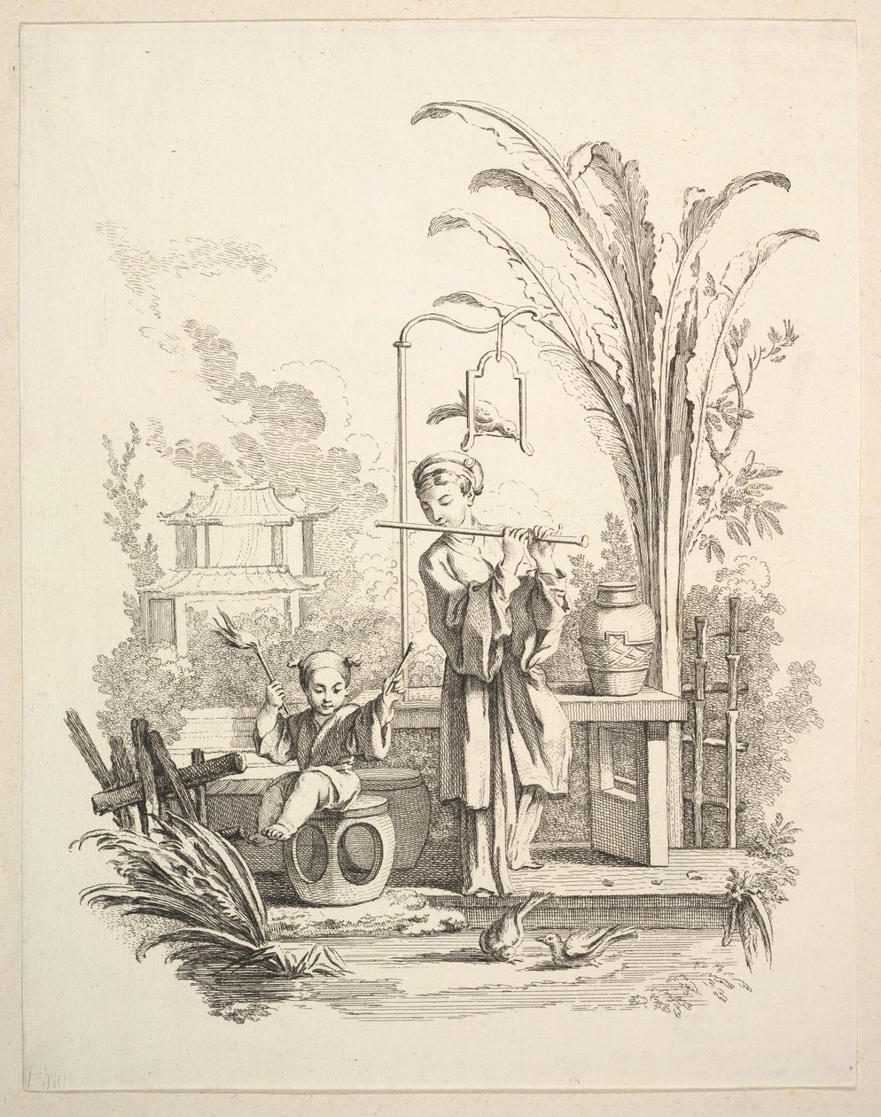 Huilisti ja lapsitimpanisti, n. 1742. tekijältä Gabriel Huquier