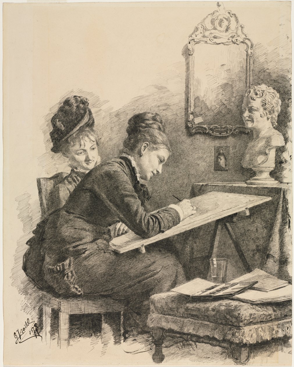 Kaksi naista luonnostelemassa veistosta, 1878. tekijältä Gabriel von Hackl