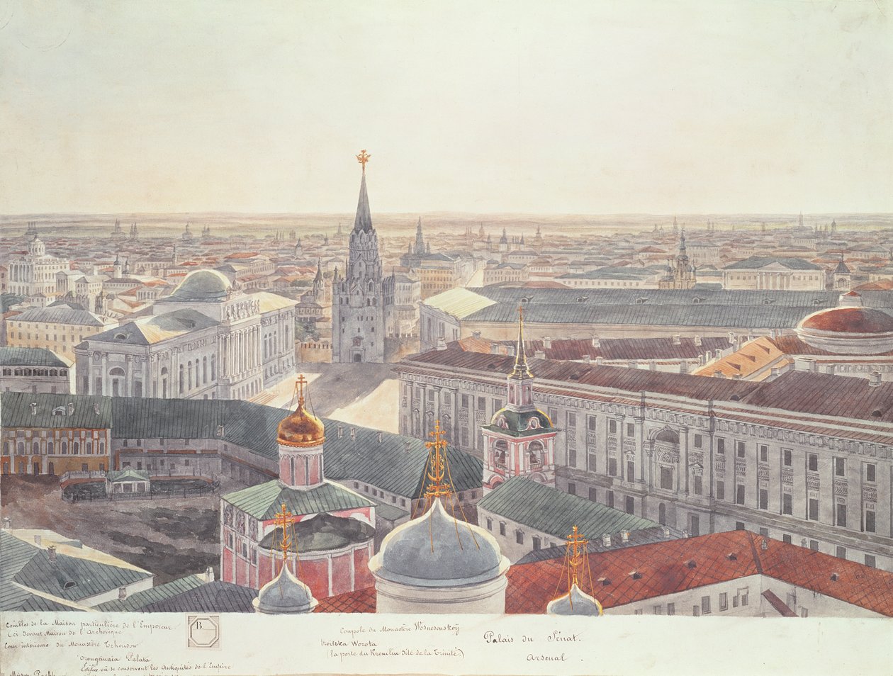 Moskovan panoraama, jossa on entinen senaatin palatsi (nykyinen kabinetin toimisto), Wosnesenskoyn luostari ja entinen arsenaali, 1819 (katso 17039-170146) tekijältä Gadolle
