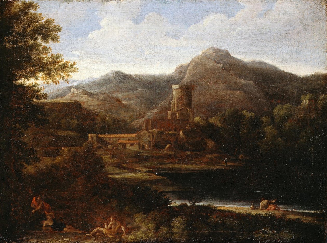 Kylä lähellä järveä tekijältä Gaspard Poussin Dughet