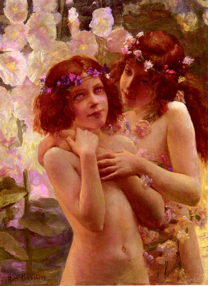 Kaksi lasta kukkien kruunulla nFrancais: Deux Enfants Aux Couronnes De Fleursn tekijältä Gaston Bussiere