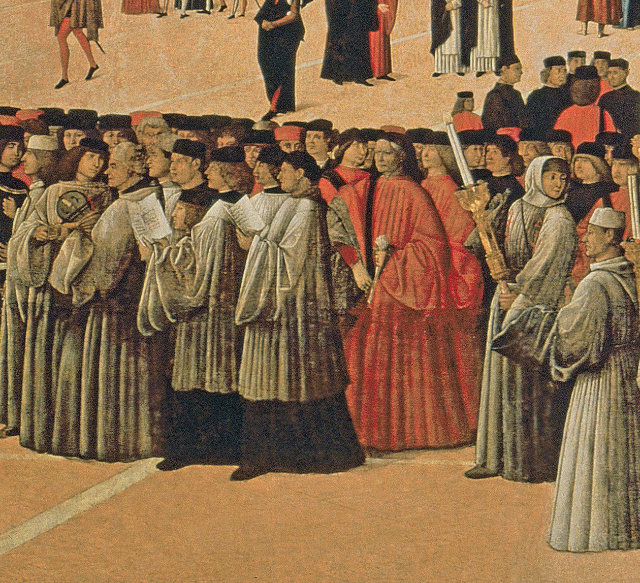 Kulkue Pyhän Markuksen aukiolla, yksityiskohta laulajista, 1496 öljy kankaalle yksityiskohta numerosta 59423 tekijältä Gentile Bellini
