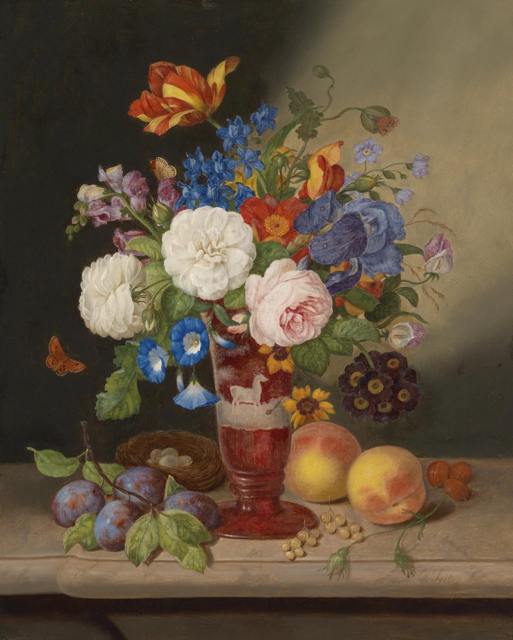 Blumenstrauß in einer Vase, umgeben von Früchten tekijältä Georg Seitz