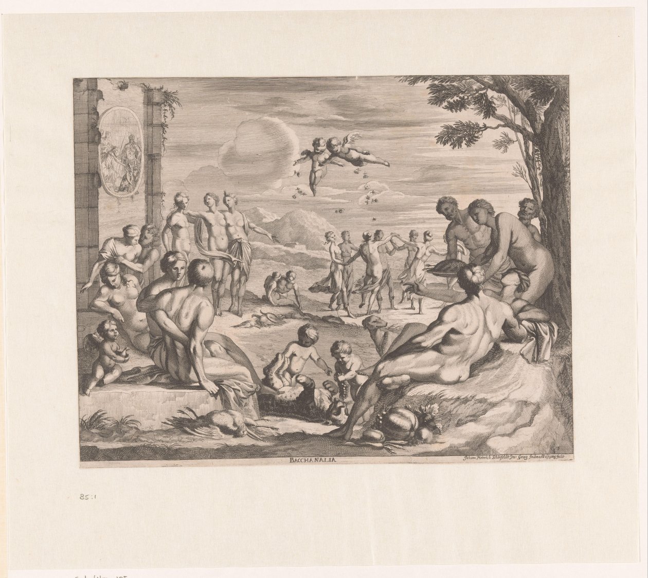 Bakkanaalit Bacchanalia (otsikko esineessä) tekijältä Georg Andreas Wolfgang