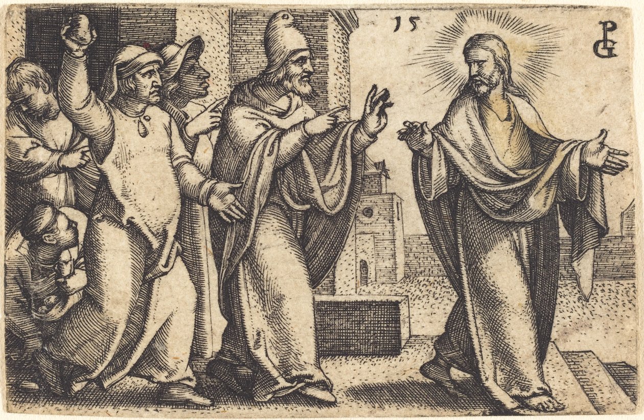 Fariseukset haluavat kivittää Kristuksen tekijältä Georg Pencz