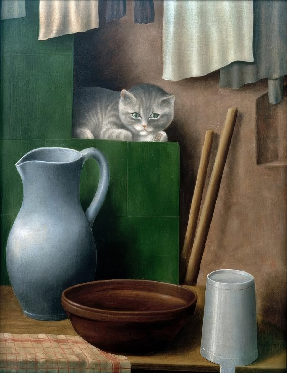 Stilleben mit Katze (Ofenecke) tekijältä Georg Schrimpf