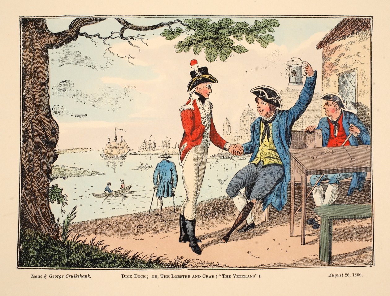 Dick Dock: Hummeri ja rapu ("Veteraanit"), pub. 1806 (käsin väritetty kaiverrus). tekijältä Isaac, Robert and George Cruikshank