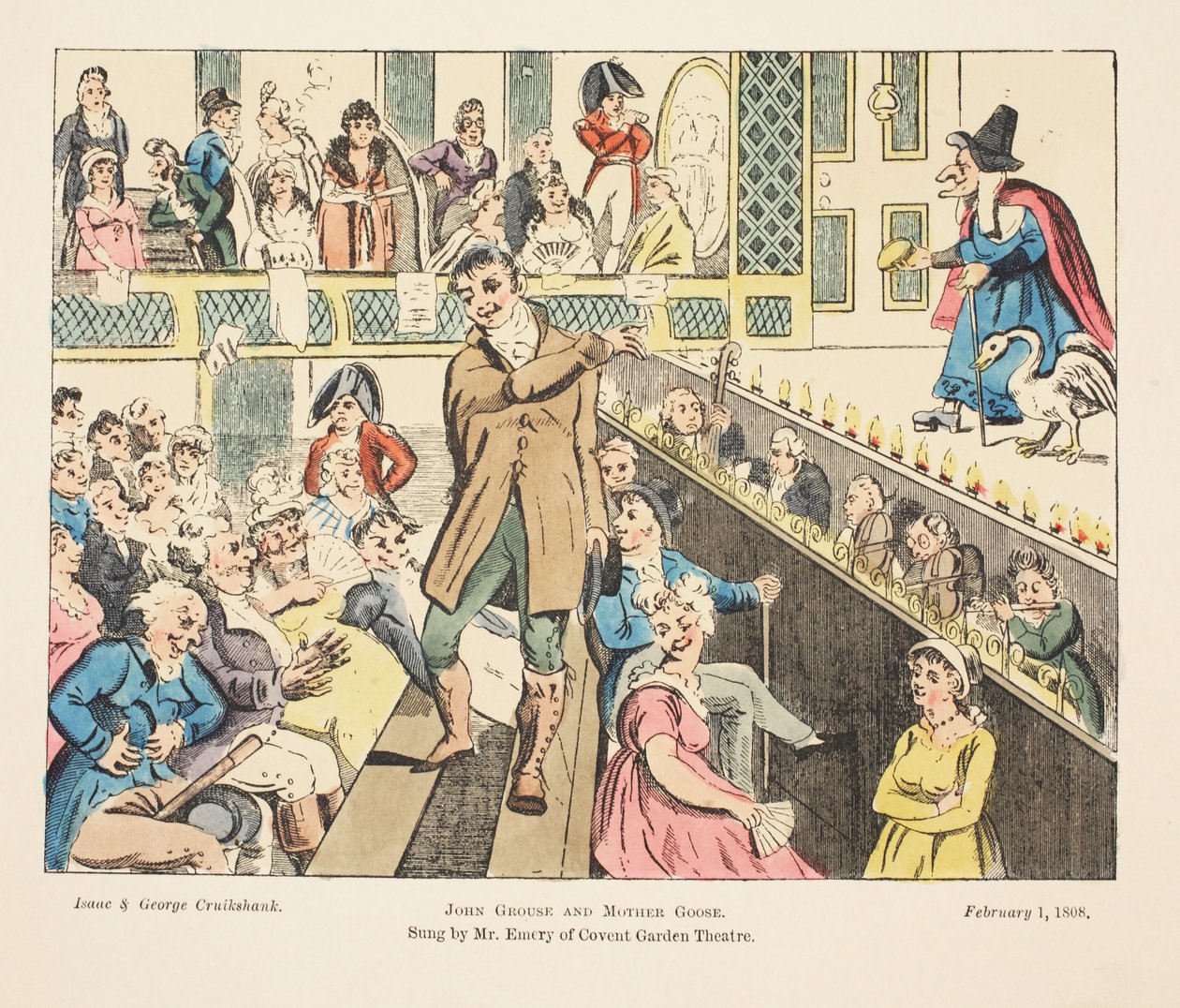 John Grouse ja Mother Goose, laulaa Mr Emery Covent Gardenista, pub. 1808 (käsinvärinen kaiverrus) tekijältä Isaac, Robert and George Cruikshank