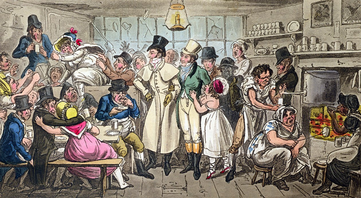 Tom ja Jerry kahvilassa lähellä olympiateatteria, Strand, Midnight, julkaistu "Life in London", 1820 (akvatinta) tekijältä Isaac, Robert and George Cruikshank