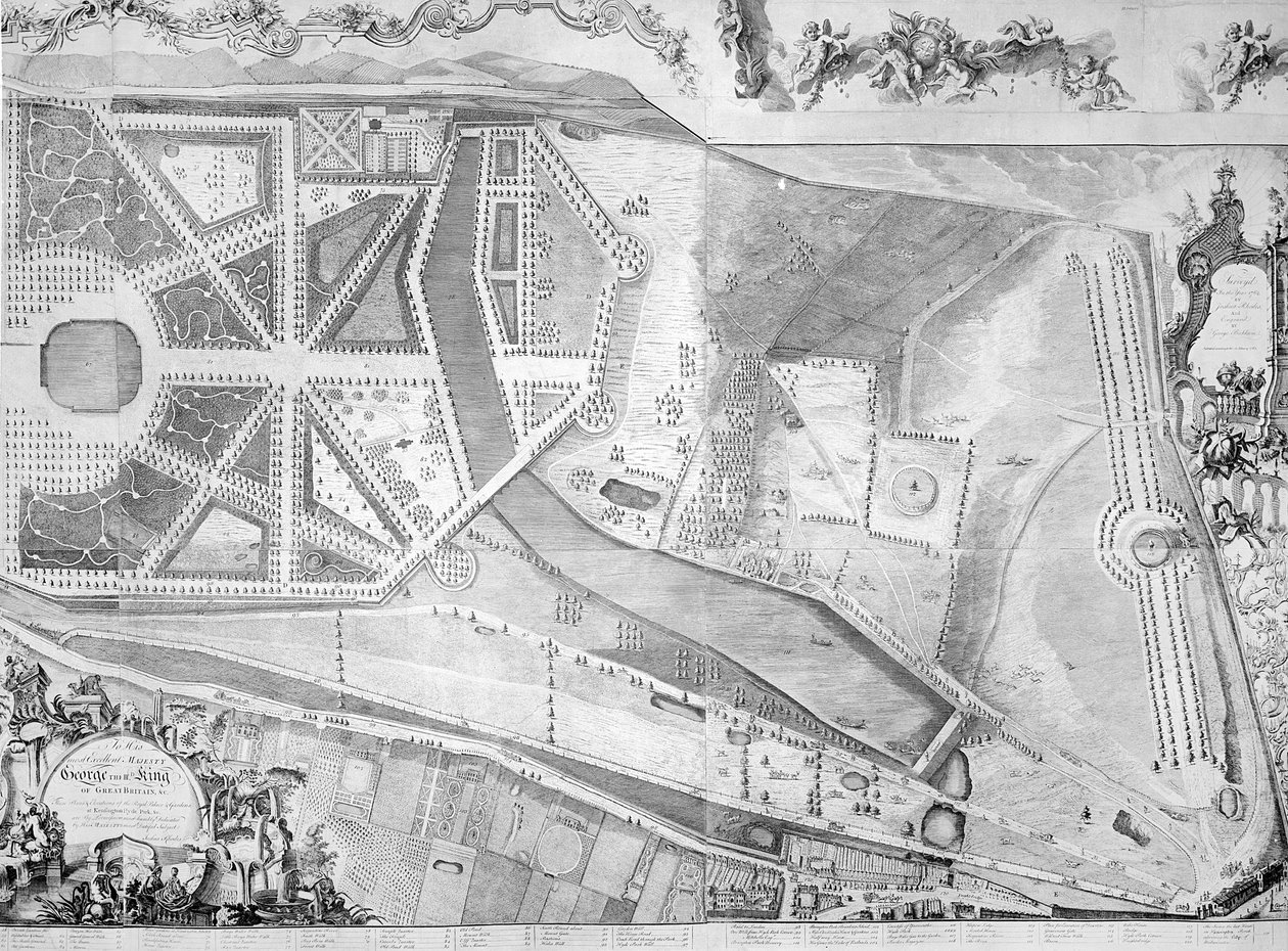 Yksityiskohta (oikealla) Joshua Rhodesin laatimasta Kensingtonin palatsin pohjapiirroksesta, 1764. tekijältä George Bickham