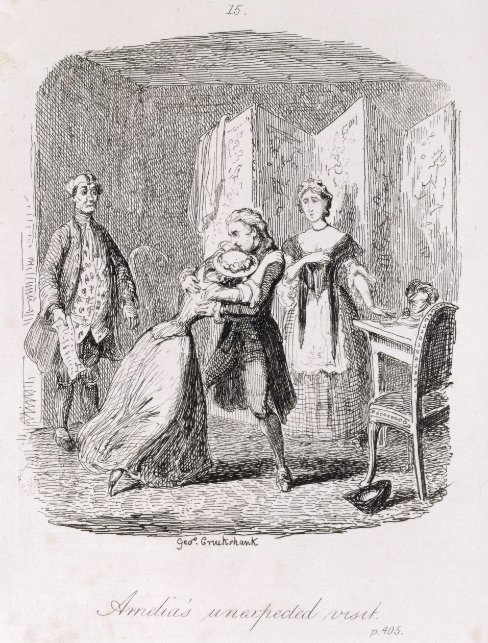 Amelian odottamaton vierailu, "Ameliasta", taiteilijan kaivertama, kuvitus teoksesta "The Works of Henry Fielding", pub. kirjoittanut Henry G. Bohn, 1853 tekijältä George Cruikshank