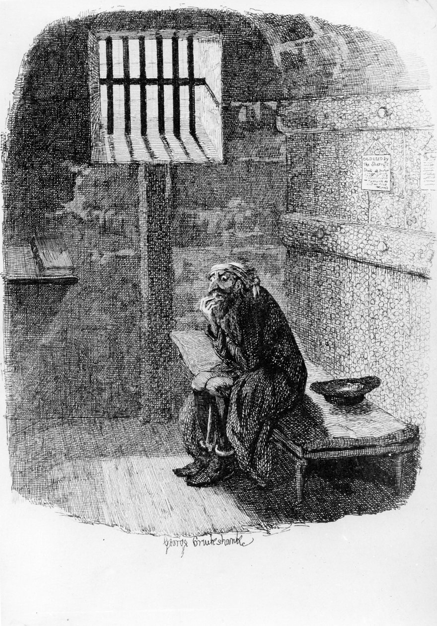 Fagin in the Condemned Cell, kuvitus Charles Dickensin "Oliver Twististä", 1838 tekijältä George Cruikshank