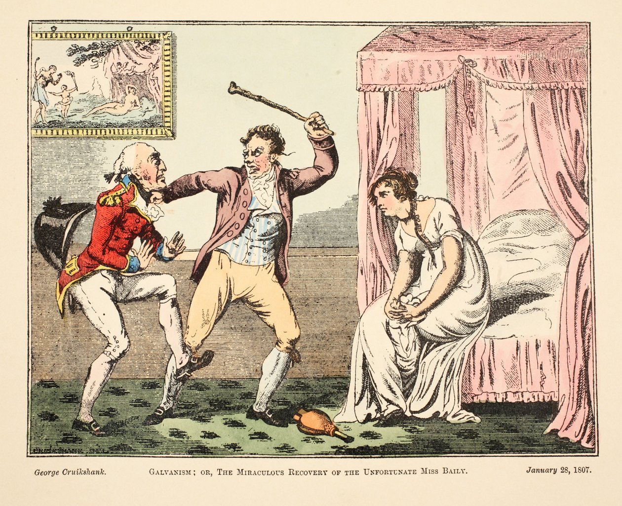 Galvanismi; tai Onnettoman neiti Baileyn ihmeellinen toipuminen, pub. 1807 (käsinvärinen kaiverrus) tekijältä George Cruikshank