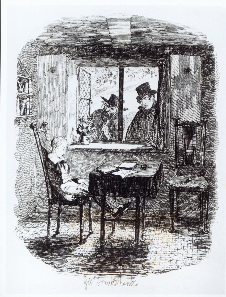 Munkit ja juutalainen Discover Oliver, kuvitus Charles Dickensin "Oliver Twist" -sarjasta, 1838 tekijältä George Cruikshank