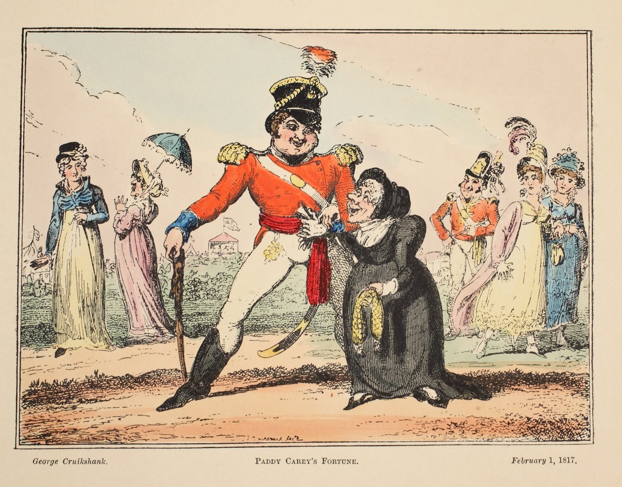 Paddy Careys Fortune, pub. 1817 (käsin väritetty kaiverrus) tekijältä George Cruikshank