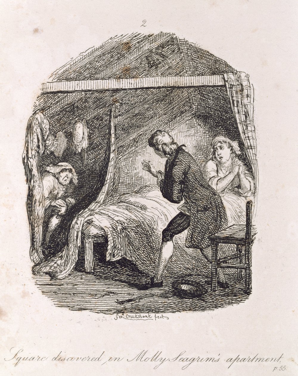 Molly Seagrimin asunnosta löydetty aukio, "Tom Jones, Löytäjän historia", taiteilijan kaivertama, kuvitus Henry Fieldingin teoksista, pub. kirjoittanut Henry G. Bohn, 1853 (eng tekijältä George Cruikshank