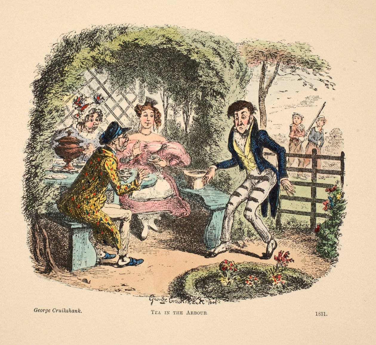 Tea in the Arbour, pub. 1831 (käsin väritetty kaiverrus) tekijältä George Cruikshank