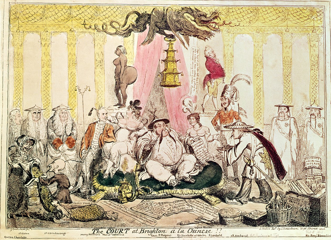 Court at Brighton a la Chinese, 1816 (käsinvärinen kaiverrus) tekijältä George Cruikshank