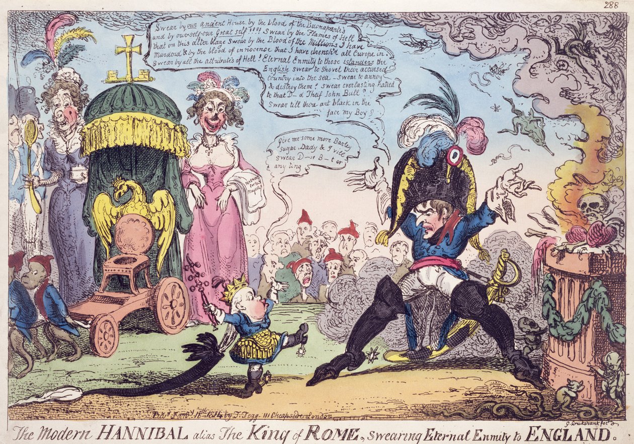 Rooman kuningas, 1814 - sarjakuva, joka esittää Napoleonin ja hänen poikansa Napoleon II:n (1811-32), Roi de Romea tekijältä George Cruikshank
