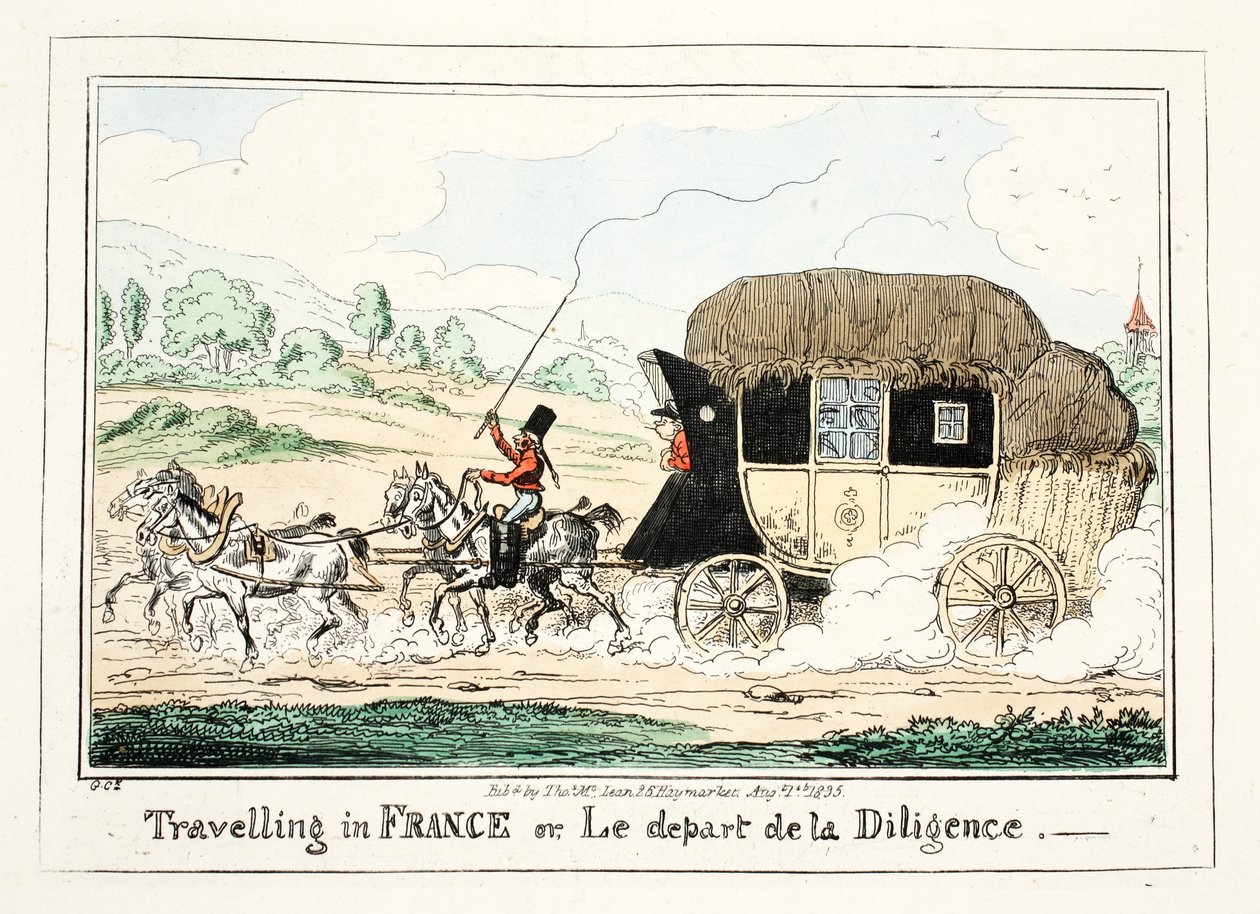 Matkustaminen Ranskassa tai Le Depart de la Diligence, 1835 (käsinvärinen kaiverrus) tekijältä George Cruikshank