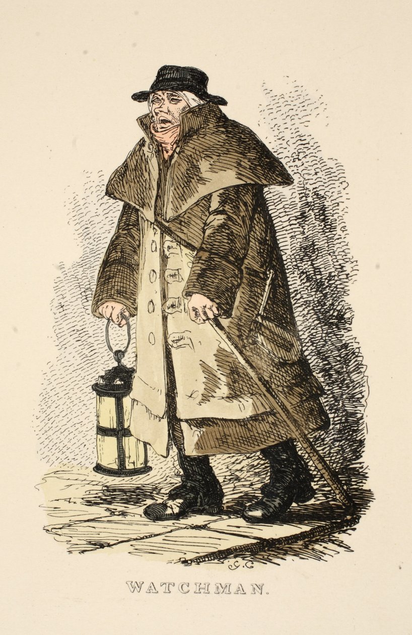 Vartija, The Gentlemans Pocket Magazine, pub. 1827 (käsin väritetty kaiverrus) tekijältä George Cruikshank