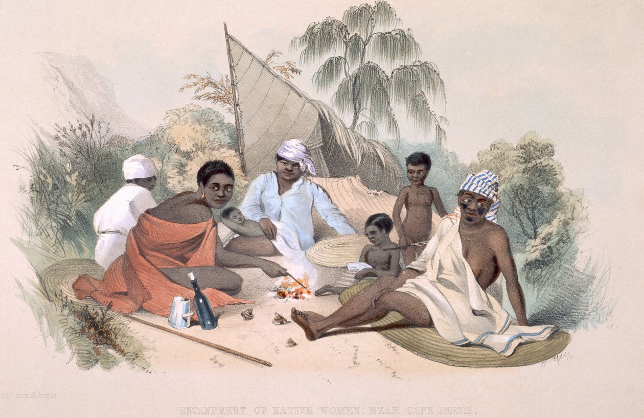 The Aboriginal Inhabitants: Campement of Native Women, Cape Jervis, South Australia Illustrated, julkaistiin vuonna 1847 (käsinvärinen kaiverrus) tekijältä George French Angas
