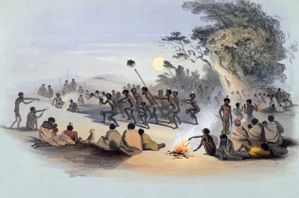 The Aboriginal Inhabitants: The Kuri Dance, South Australia Illustrated, julkaistu vuonna 1847 (käsinvärinen kaiverrus) tekijältä George French Angas