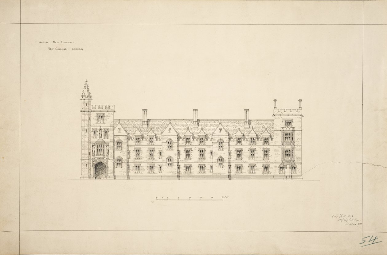 New College Oxford: Ehdotetut uudet rakennukset, 1870-79 (muste paperille) tekijältä George Gilbert Scott