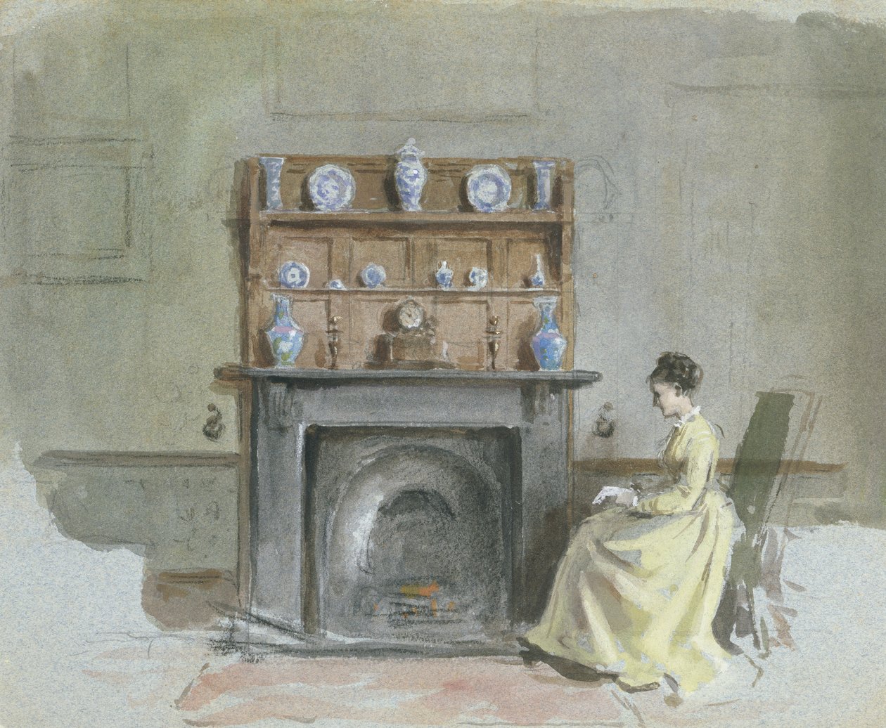 Nainen istuu takan ääressä tekijältä George Goodwin Kilburne