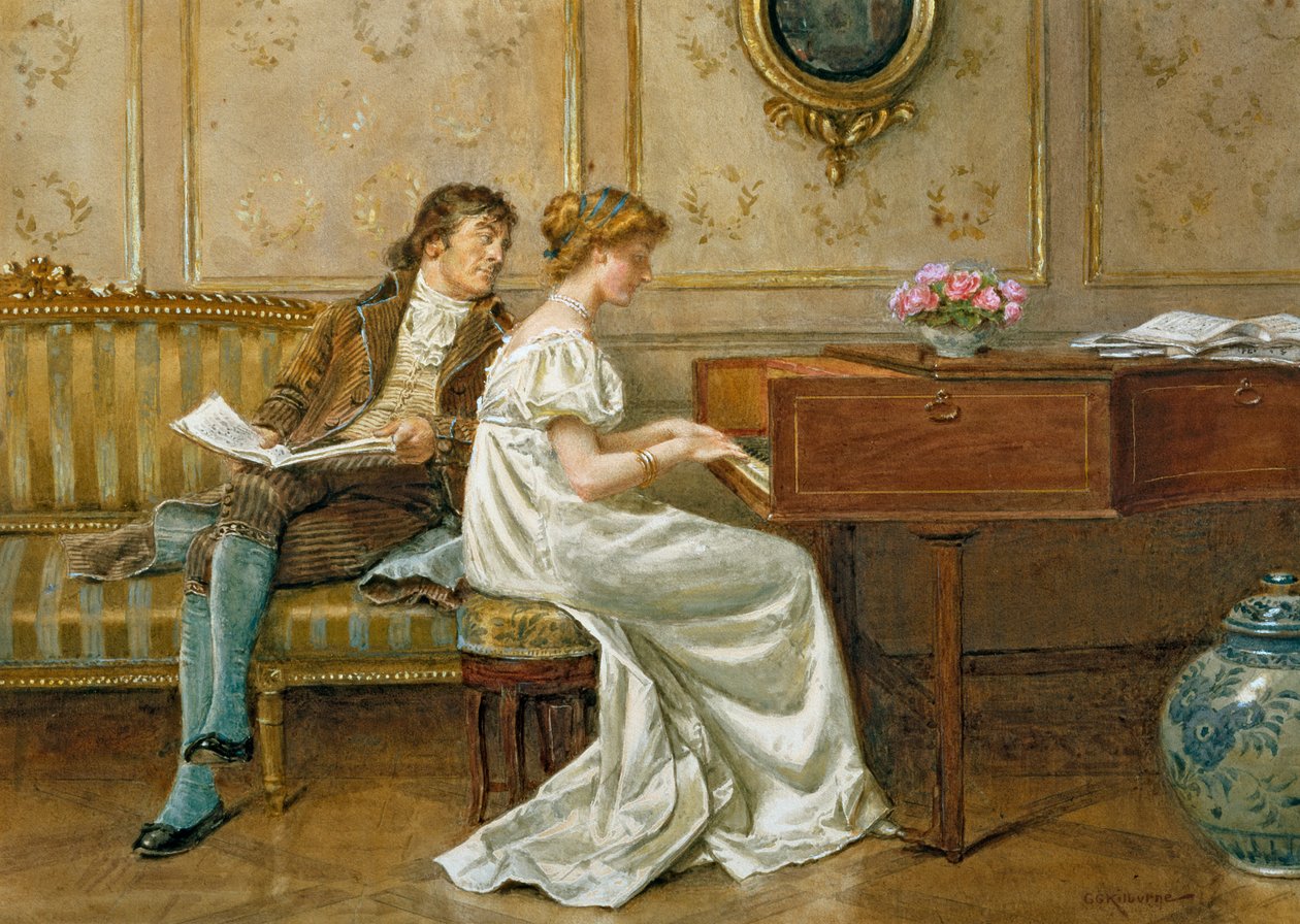 Uusi Spinet (kynä, wc ja guassi paperilla) tekijältä George Goodwin Kilburne