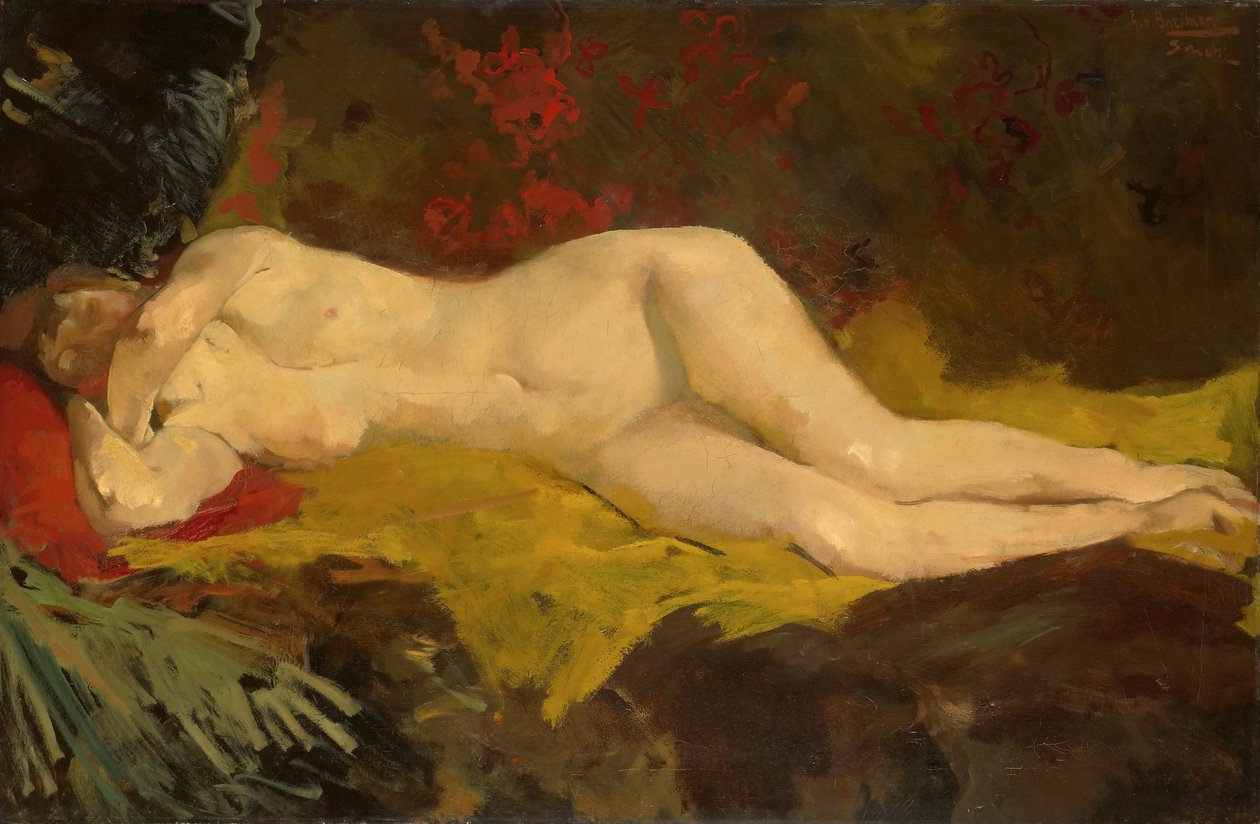 Anne makaa alasti keltaisella kankaalla. tekijältä George Hendrik Breitner