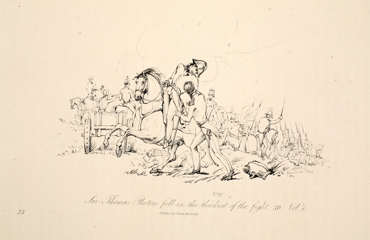 Sir Thomas Picton kaatui taistelun tiheikössä, pub. J. Booth, 1816 tekijältä George Jones