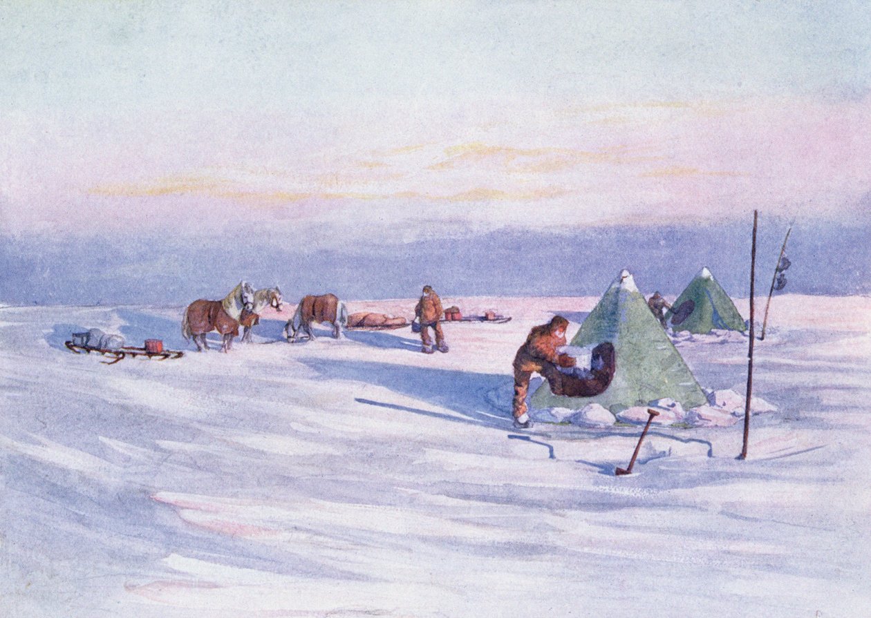 Leirin järjestäminen, piirros Sir Ernest Shackletonin (1874-1922) kirjoittamasta teoksesta "Nimrod in the Antarktic 1907-09" tekijältä George Marston