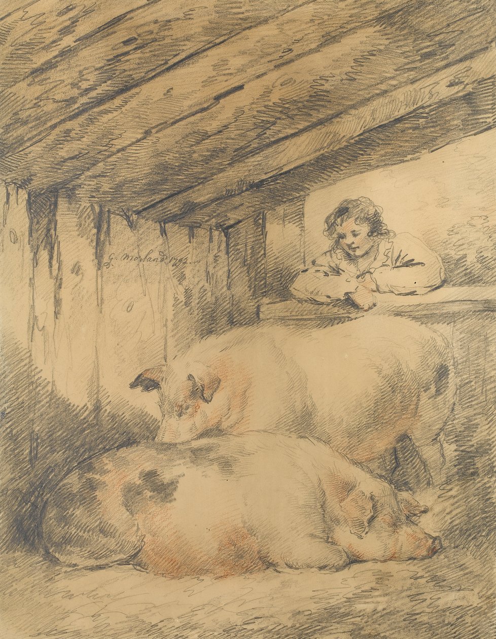 Pigsty, 1792 (kynä punavalkoisella liidulla paperilla) tekijältä George Morland