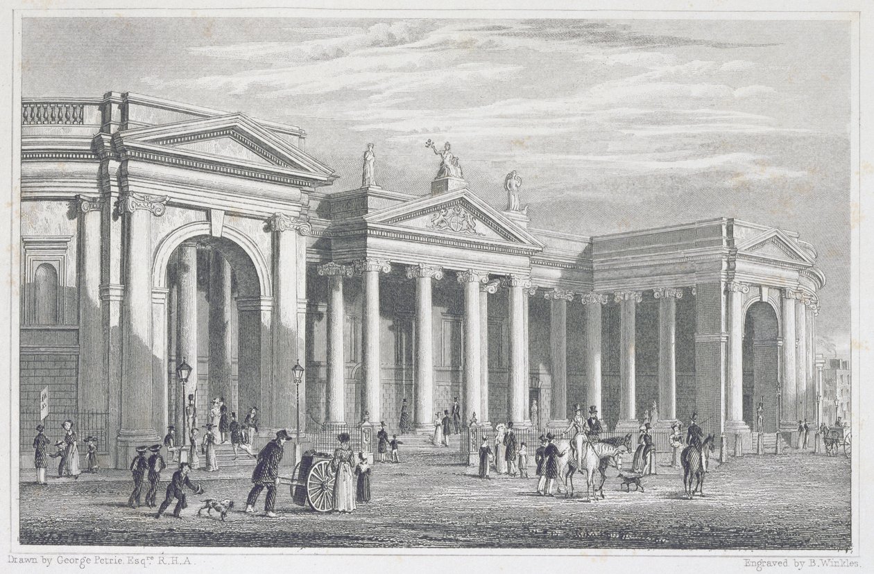 Bank of Irelandin eteläinen portico, Dublin, alunperin parlamenttitalo, kaiverrus B. Winkles tekijältä George Petrie