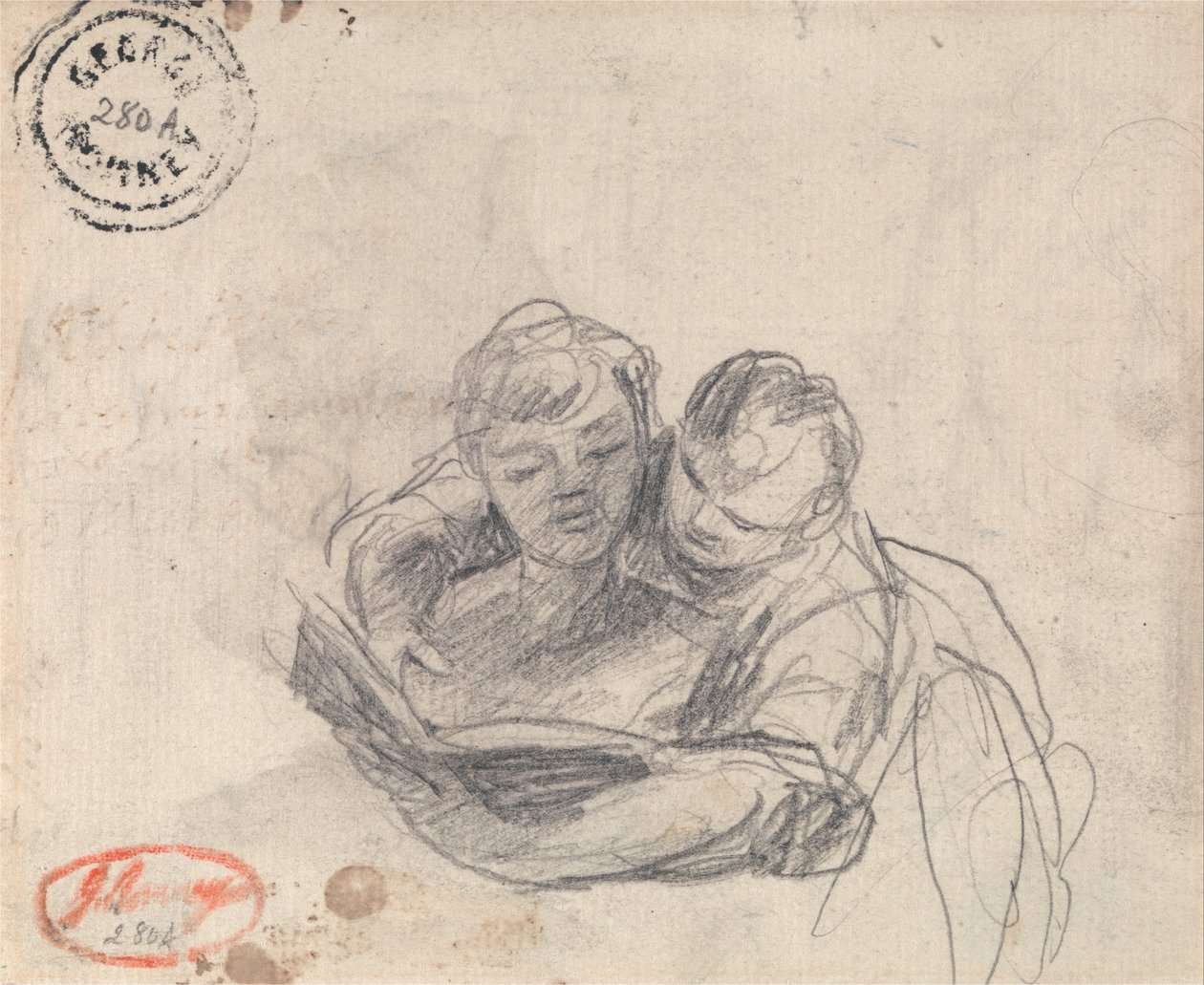 Pariskunta lukemassa kirjaa tekijältä George Romney